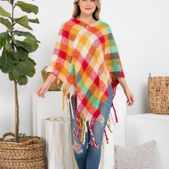 MULTI COLOR PLAID PRINT PONCHO - SOFT - Picture 6 of 8